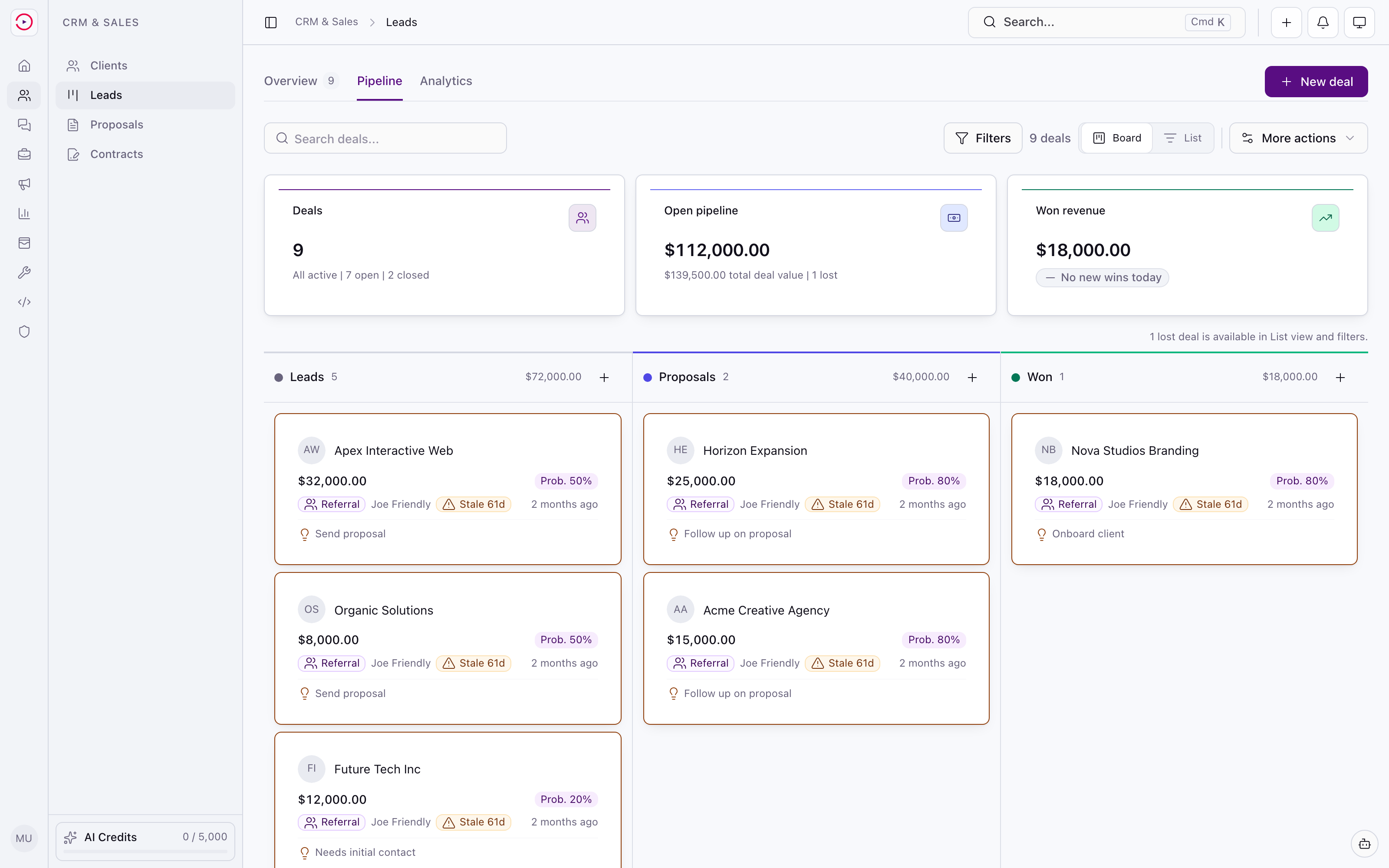 Friendly 360 CRM pipeline workspace